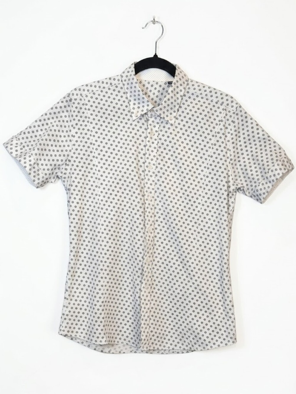 Alta Moda Italy Short Sleeve Geometric Print Button Down Shirt Mens White Blue